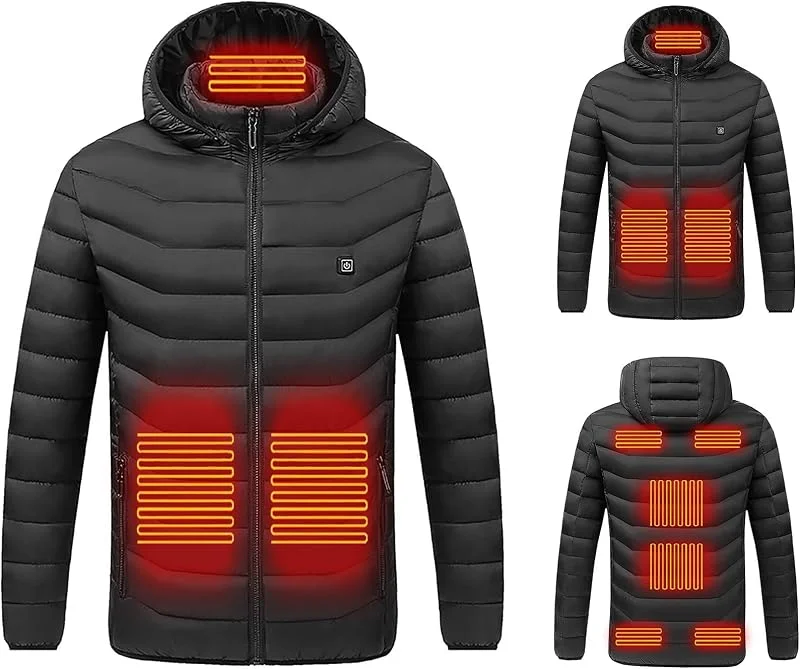 Beheizbare Jacke mit Kapuze 2024 Neues Winter Daunenjacke für Herren Damen 9 Heizzonen 3 Heizstufen mit USB Anschluss Wasserdichte Winddichte Mäntel für Skifahren Motorradjacke Gesteppte Daunenjacke — Heizkleidung