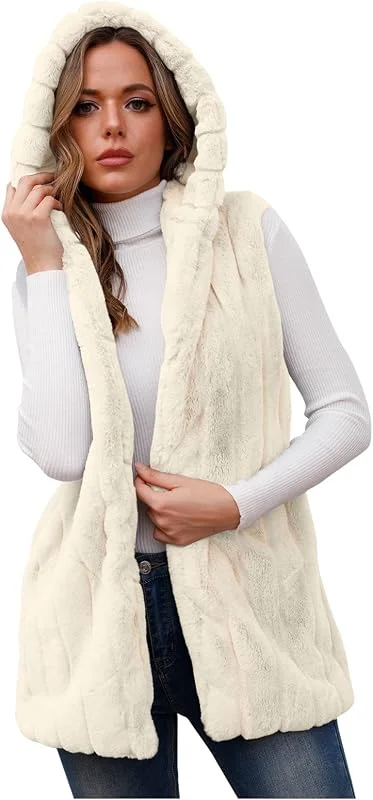 Fellweste Damen Lang: Pelzweste Damen Kunstpelz Weste Wintermantel Ärmellose Jacke Winterjacke Mit Kapuze Warm Faux Fur Cardigan Lange Mantel Pelzjacke-Felljacke, Fellweste, Steppweste, Pelzmantel — Heizkleidung
