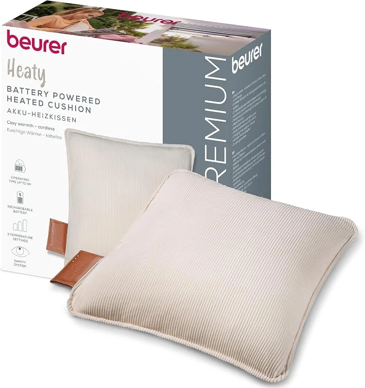 Beurer Heaty Heizkissen, kabelloses Heizkissen mit Akku, Wärmekissen mit Abschaltautomatik und 3 Temperaturstufen, mit Schnellheizung, weicher Cordstoff, cashmere-creme, weiß — Heizung Warmepumpe