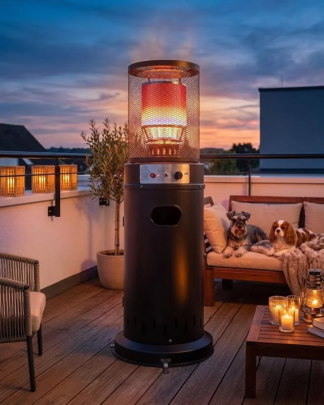 Amopatio Gas Heizstrahler Outdoor 13 kW, LPG Terrassenheizer mit Rollen, Heizpilz außen mit stufenloser Regulierung, Terrassenheizstrahler Inkl. Wetterschutzhülle für Terrasse Balkon & Garten — Heizung Warmepumpe