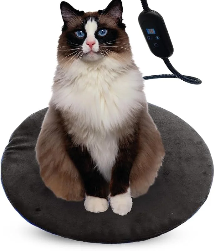 Haustier-Heizkissen für Katzen und kleine Hunde, rund, 40, 6 cm, 6 Heizstufen, automatische Abschaltung, Timer, wasserdicht, abnehmbarer, waschbarer Bezug, kaufeste Schnur, Digitalanzeige — Heizung Warmepumpe