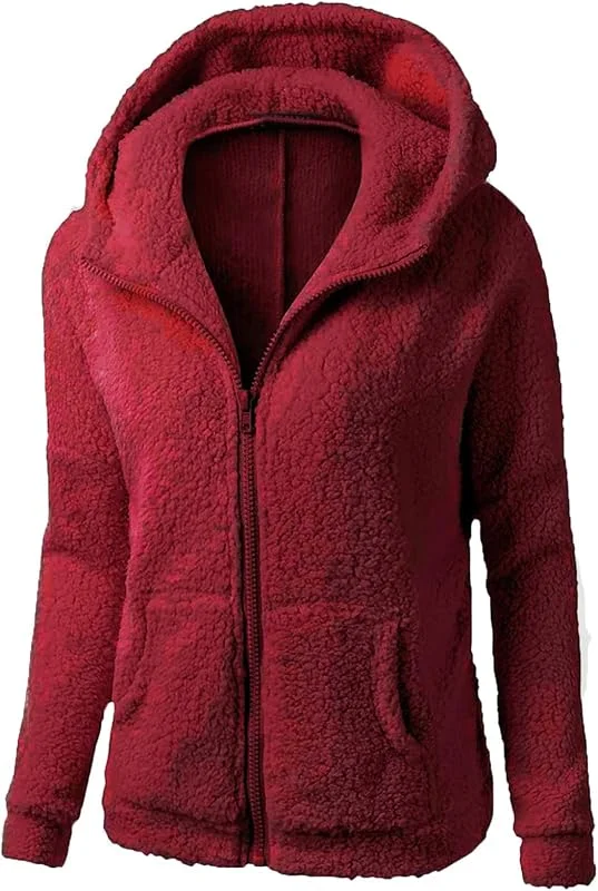 Teddy Fleece Jacke Damen Langarm Fleecejacke Zipper Teddyfleece Jacke mit Kapuze Locker Komfortabel Mantel Winter Warm Teddyjacke Outdoor Winterjacke Plüschjacke für Frauen Sweatjacke — Heizkleidung