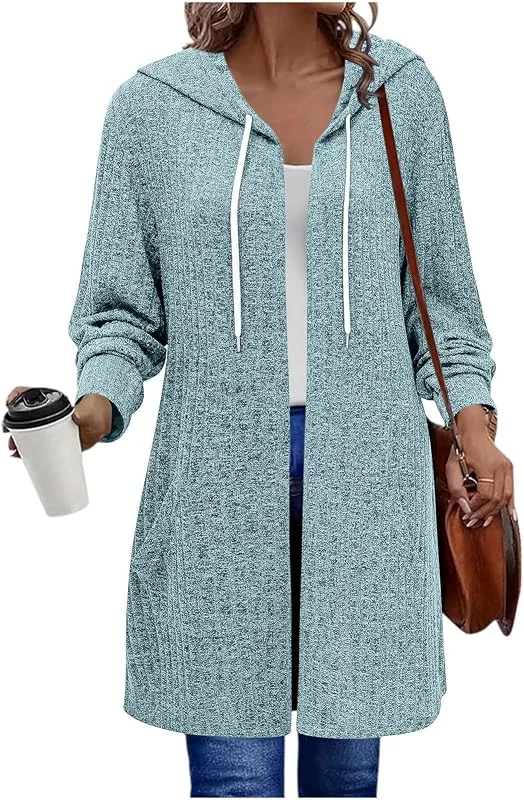 Kapuzenjacke Damen Winter Lang Strickjacke Offen Langarm Oversize Warm Kuschelig Weiche Oberbekleidung Locker Reißverschluss Lange Kapuze Jacke Damen mit Taschen für Date Abend Casual Ausgehen — Heizkleidung