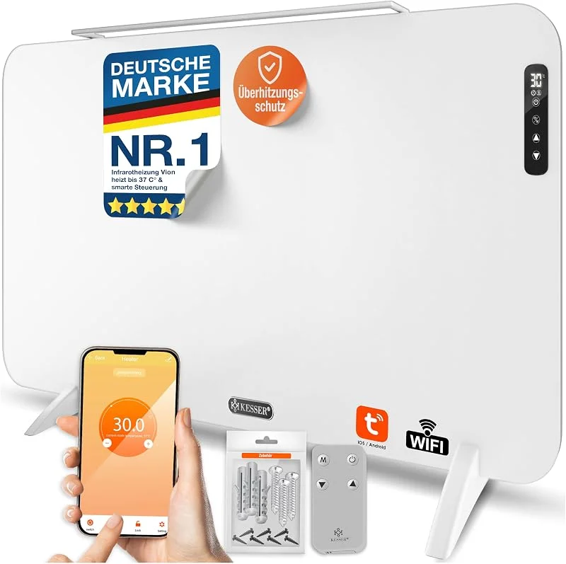 KESSER® Infrarotheizung VION, smart Timer, 450 W, Wandmontage & Stand Mobil Elektroheizung mit Fernbedienung oder App bedienbar, LED-Display, Handtuchhalter, IP44 und Überhitzungsschutz, Weiß — Heizung Warmepumpe