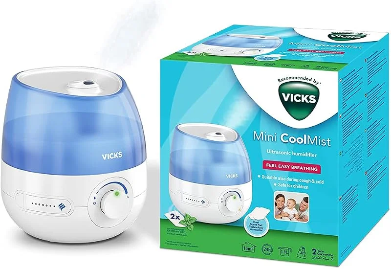 Vicks Mini Cool Mist Ultraschall-Luftbefeuchter (kompakt, leise, für besseren Schlaf, Husten und Erkältung, Komfort, ätherische Öle, Luftfeuchtigkeit, Räume bis 15m2) VUL525