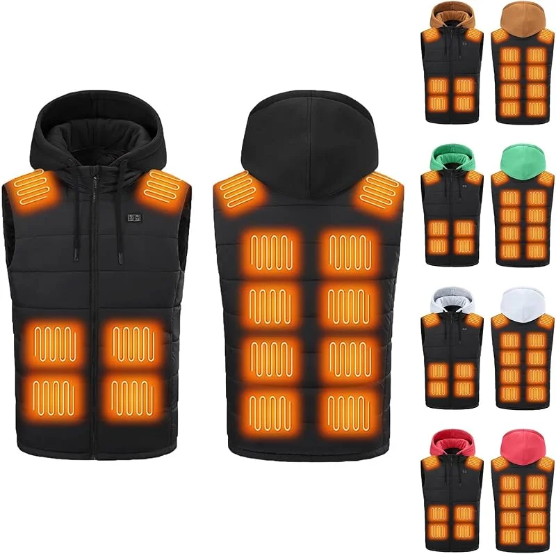 Herren Beheizbare Weste mit Kapuze Heizweste mit 15 Heizzonen USB Elektrische Beheizte Westen Einstellbare Beheizbar Steppweste Winter Heizjacke Ärmellos Jacke mit Heizung Daunenweste Kapuzenjacke — Heizkleidung