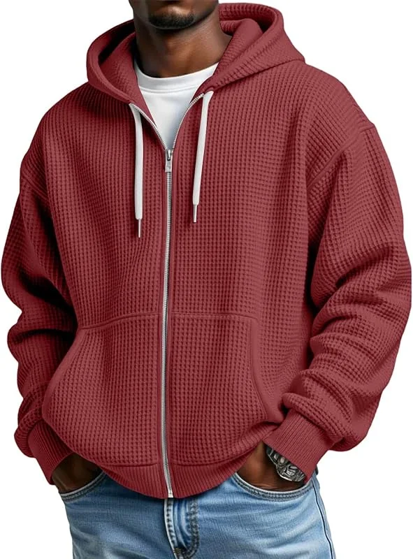 Generisch Herren Zip Hoodie Waffelmuster Sweatjacke Reißverschluss Kängurutasche Kordelzug Langarm Kapuzenpullover Bequem Sport Freizeit. — Heizkleidung