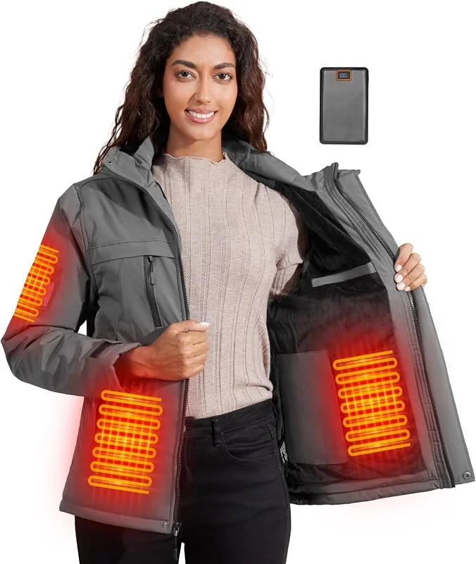 Beheizbare Fleece Jacke Damen mit 20000mAh Akku, Wasserdichte & Winddichte Beheizte Skijacke Kapuze mit 6 Heizzonen & 3 Stufen, Heizjacke für Skifahren, Snowboarden, Wandern, Wintercamping — Heizkleidung