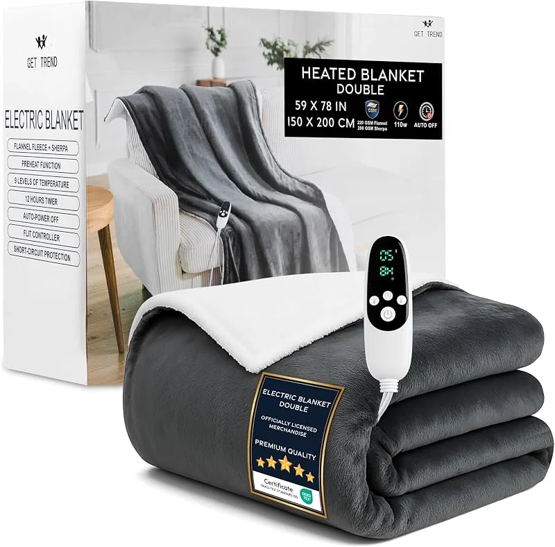 Get Trend Heizdecke Doppelt, Weiche Sherpa Fleecedecke 150x200cm, 9 Heizstufen, 12-Stunden-Abschaltautomatik, Warme Kuscheldecke Geschenk (Dunkelgrau, Doppel EU) — Heizung Warmepumpe