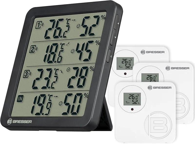 Bresser Quadro NV Thermo-Hygrometer mit 4 Messpunkten, integrierter Sensor und 3 Funksensoren, Smiley-Komfortindikator, Min, Max-Speicher, IP44, schwarz, wenig — Luftbefeuchter