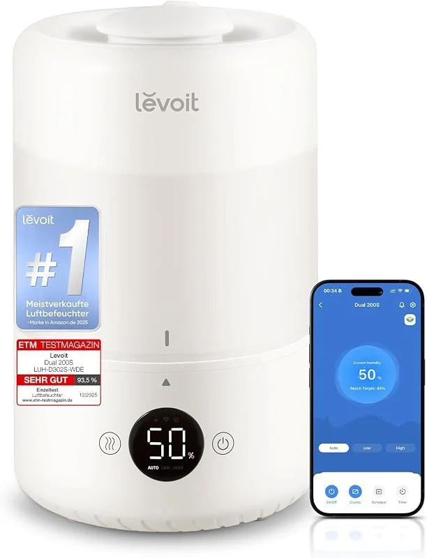 Levoit Smart Luftbefeuchter Schlafzimmer, 20dB, Top-Fill, Cremeweiß