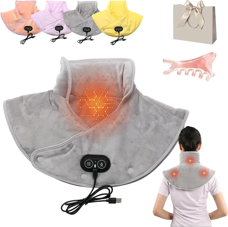 Massage-Wärmekissen, Akku Heizkissen mit Usb mit 3 Heizstufen & 3 Vibrationsmodi, Nackenwärmer in Korallenvlies with Shiatsu Vibration für Rücken & Schultern (Grau) — Heizung Warmepumpe
