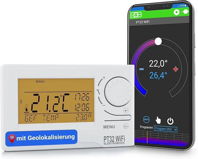 ELEKTROBOCK PT32 WiFi - Digitaler Raumthermostat mit Geolokalisierung - 𝑳𝓐𝑵𝐆𝑳𝜠𝓑𝑰𝐆 - Intelligentes programmierbares Wandthermostat mit App oder manuell - 9 Wochenprogramme, Weiß — Heizung Warmepumpe
