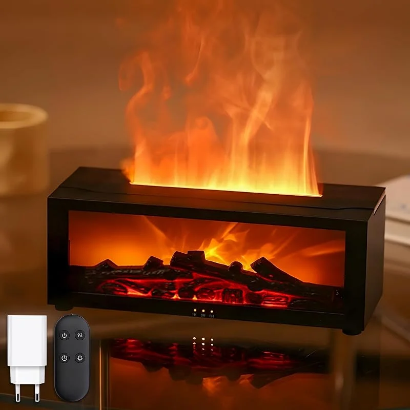 Aroma Diffuser mit LED Kamin, Duftöl Diffusor für Ätherische Öle mit 7-Farben-Licht Flammeneffekt, 150ml Luftbefeuchter mit Fernbedienung, 4 Timer, Wasserlose Abschaltautomatik (Satz)