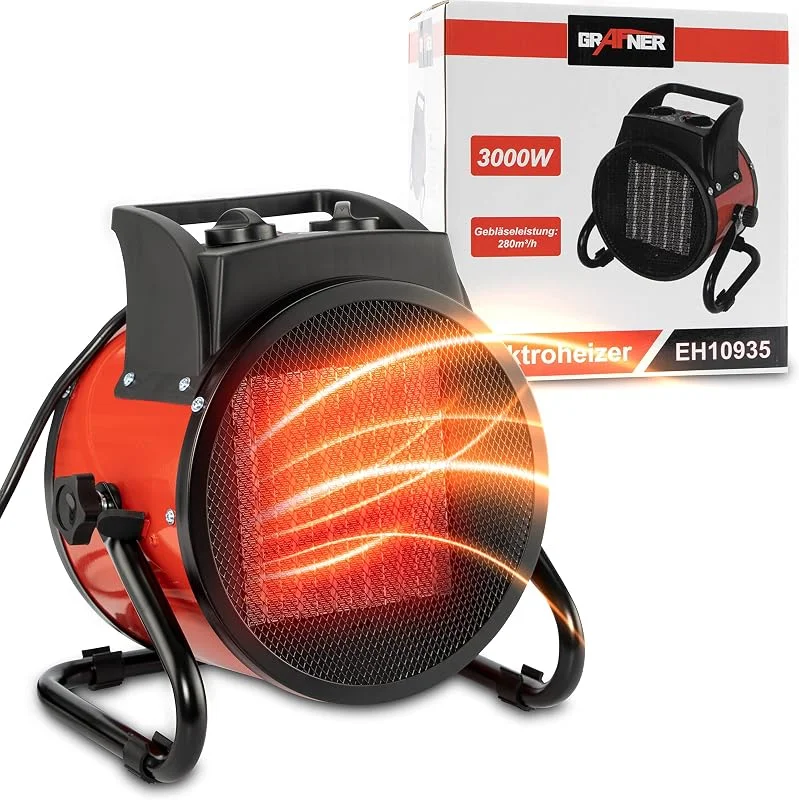 Grafner XXL Keramik Heizlüfter mit 3000 Watt 3KW, 3 Heizstufen, automatischer Thermostat, kraftvoller Turbo Heizer, PTC-Element, Überhitzungsschutz, Bauheizer elektrisch, Elektroheizung, Zeltheizung — Heizung Warmepumpe