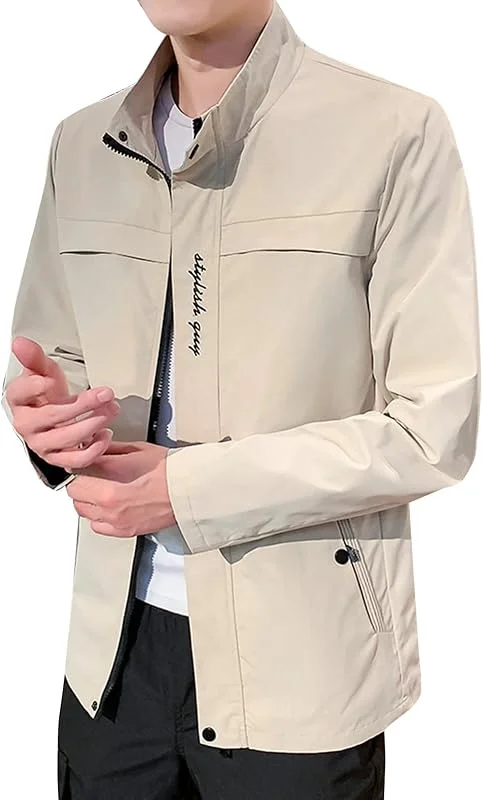 Herrenjacke, leicht, für Frühling, Herbst, Reißverschluss, Outdoorjacke, lässig, Bomberjacke, einfarbig, winddicht, Stehkragen, Herrenjacke, Fliegerjacke, klassisch, lässig — Heizkleidung