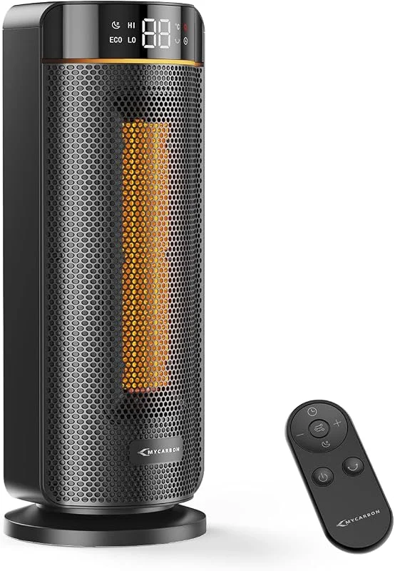 MYCARBON 43cm Heizlüfter Bad - 32dB Leiser 1900W ECO Modus 12H Timer 70° Oszillation, Heizlüfter Energiesparend, PTC Keramik, Fernbedienung, Thermostat für Bad Schlafzimmer Wohnzimmer Büro, Schwarz — Heizung Warmepumpe