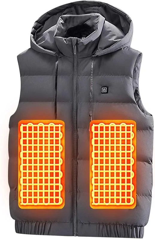 Beheizbare Winter Weste mit Kapuze Herren USB Elektrisch Beheizbare Jacke 3 Temperaturstufen Wasserdicht Winter Warm Waschbar Beheizte Jacke für Jagd Motorrad Skifahren Camping Schwarze Weste — Heizkleidung