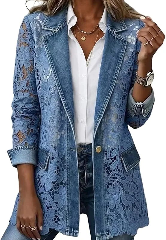 Generisch Jeansjacke Damen Mit Spitze Denim Jacket Patchwork Jeans Jacke — Heizkleidung