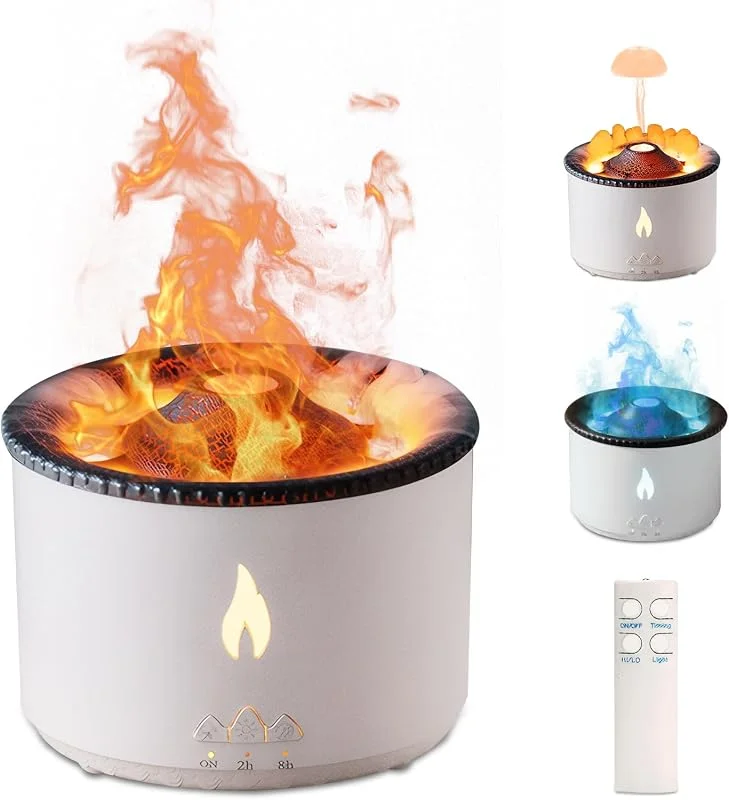 Vulkan Luftbefeuchter Flammen Aroma Diffusor: 360ml Aromatherapie Luftbefeuchter 2 Nebelmodus Luftbefeuchter Fernbedienung Öl Kaltnebel Diffusor mit Nachtlicht für Zuhause, Fitnessstudio