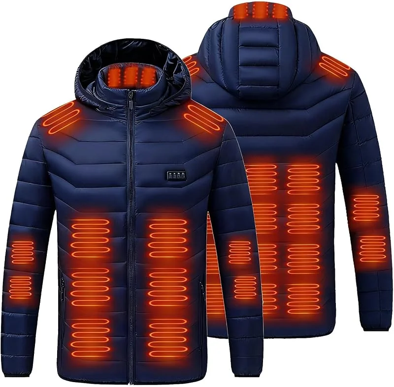 Heizjacke Herren Beheizbare Jacke mit Kapuze USB Elektrische Beheizte Jacken mit 24 Heizzonen Beheizbar Steppjacke Outdoor Winterjacke mit Heizung Winter Funktionsjacke Männer Daunenjacke Skijacke — Heizkleidung