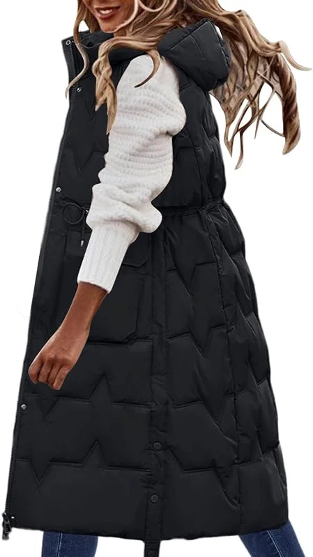Damen Lang Daunenweste - Lange Jacke Weste ärmellose Daunenwestet Mit Kapuze Weste Mantel Winter Warmer Daunenmantel Taschen Steppweste Damen Zip Daunenjacke Steppjacke Kapuzenweste Steppweste — Heizkleidung