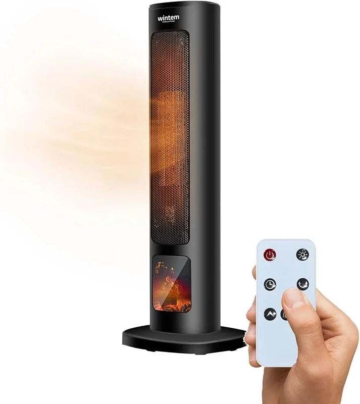 Wintem Elektrischer Heizlüfter Turm 800, 2000 W mit Display Kamineffekt und Fernbedienung 60 cm – Ideal für eine sichere Heizung dank automatischer Abschaltfunktion, Schwarz — Heizung Warmepumpe