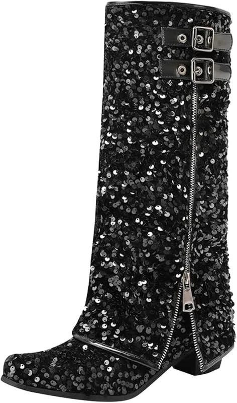 Generisch Damen-Stiefel mit mittlerer Wade modisches Paillettenmuster Winterstiefel mit coolen Reißverschlüssen niedrigem Absatz bequemer Passform für kalte Tage — Heizkleidung