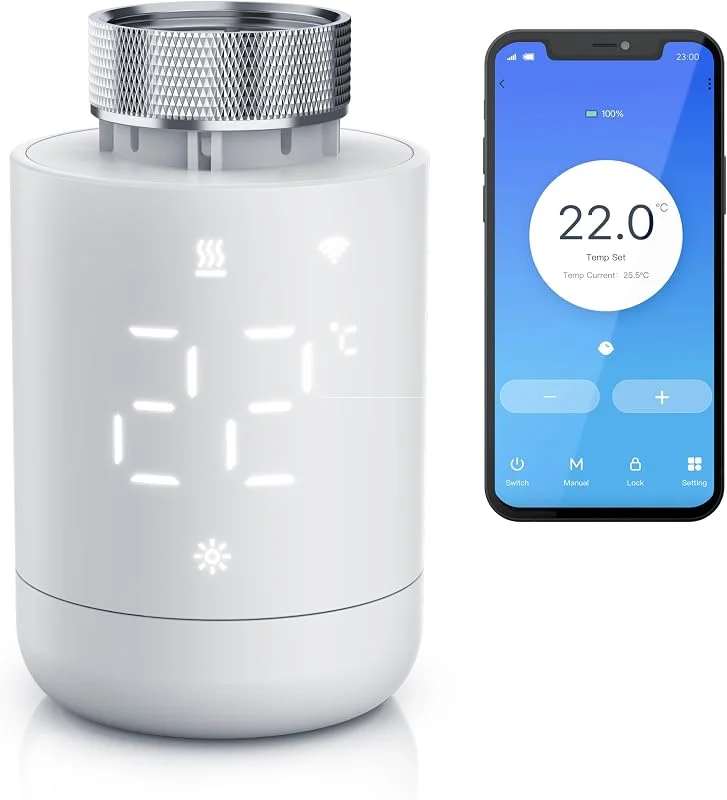 Brandson WLAN Heizkörperthermostat ohne Gateway – smartes Heizungsthermostat mit App-Steuerung über Tuya Smart, Wochenprogramm, Fenster-offen-Erkennung, Frostschutz, LED-Display, inkl. Adaptern — Heizung Warmepumpe