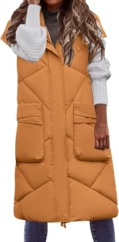 Generisch Übergroße Damen Daunenweste mit Lange Bauschige Outdoor-Wintermantel für Kälte Ärmellose Jacke mit Reißverschluss Leichte Wattierte Weste für Reisen Alltag — Heizkleidung