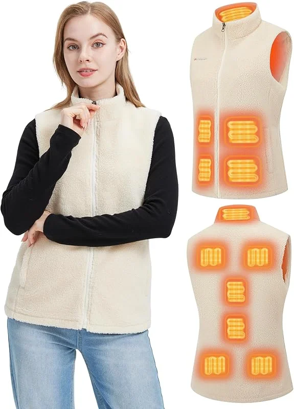 Gokozy Fleece Beheizbare Weste Damen mit 11 Heizzonen & 7.4V Akku, elektrische sherpa Heizweste Damen Kuschelige Wärmeweste Ideal für Herbst & Winter — Heizkleidung