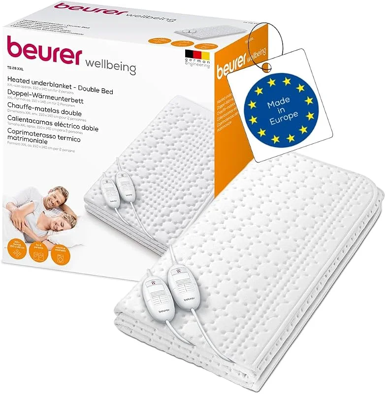 Beurer TS 26 Doppel-Wärmeunterbett, extragroßes XXL-Format mit separat einstellbaren Temperaturzonen für zwei Personen, zwei Schalter mit je 3 Temperaturstufen, Maschinenwaschbar, 150 x 140 cm — Heizung Warmepumpe