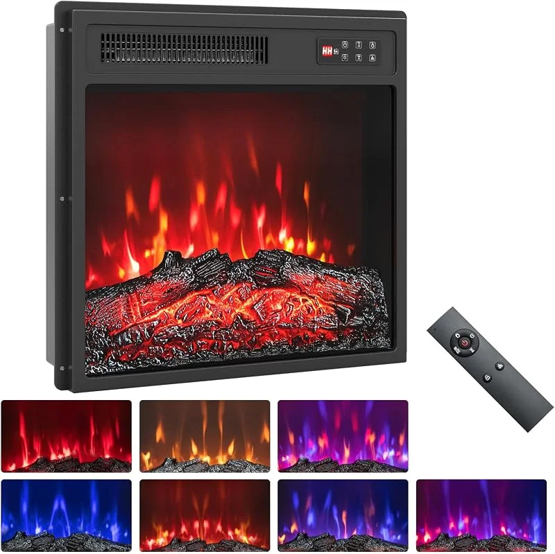 RELAX4LIFE 18" Elektrokamin mit heizung, Elektrischer Kamineinsatz mit LED-Ambientelicht & 3D-Flammeneffekt, Einbaukamin mit Fernbedienung, 1500 W, 7 Flammenfarben, 5 Helligkeitseinstellung, 8H-Timer — Heizung Warmepumpe