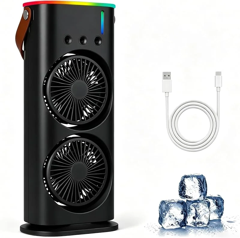 Mobile Klimaanlage 4 in 1, Luftkühler Ventilator USB, Mini Klimagerät mit 280ml Wassetank, Luftbefeuchter, LED -Licht, 3 Geschwindigkeiten, 3 Nebelmodi, Luftreiniger für Hause, Büro, Reisen