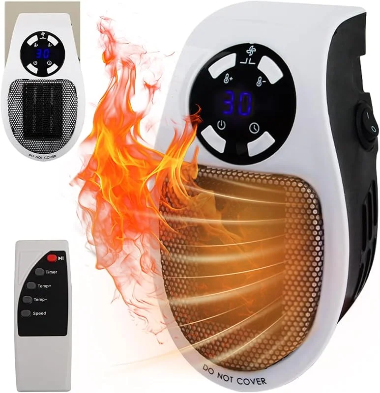 500W Steckdosen Heizlüfter Mini Heizung, FainFun MiNi Heater Steckdose, Steckdosenheizung Keramik Leise 500W mit Fernbedienung, Mini Heizgeräte mit 2 Ventilationsstufen, Thermostat, Timer — Heizung Warmepumpe