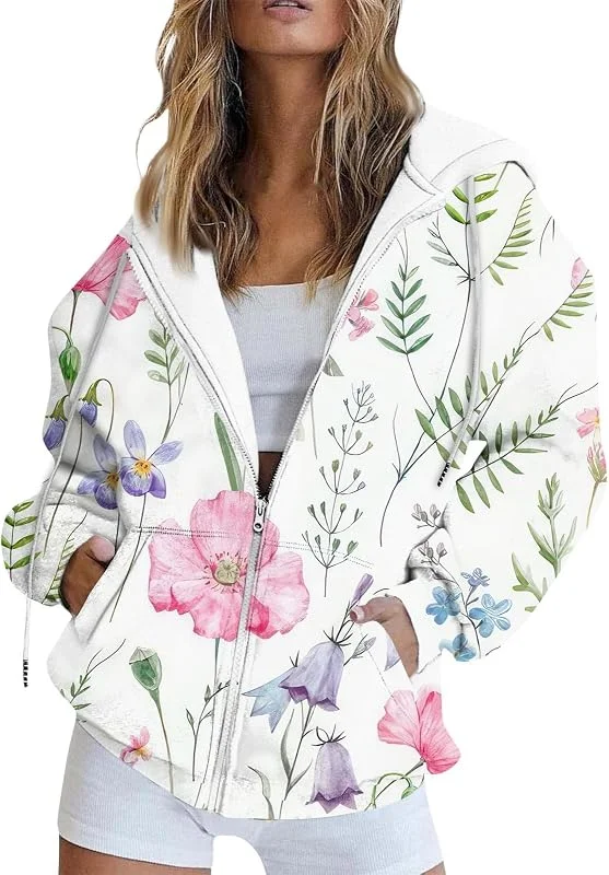 Sweatjacke Damen Mit Kapuze Jacke Damen Winter Oversize Übergangsjacke Reissverschluss Hoodie Herbstjacke Frauen Sweatshirt Kapuzenjacke Blumen Vintage Winterjacke Damen-Jacken Pullover Mantel — Heizkleidung