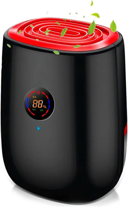 Raumentfeuchter Mini Entfeuchter Elektrisch Luftentfeuchter mit Leise Automatischem 800ml Raumentfeuchter für Küche, Schlafzimmer, Badezimmer, Automatisches Auftauen, HD-Display, 300ml, T (Schwarz Rot) — Luftbefeuchter