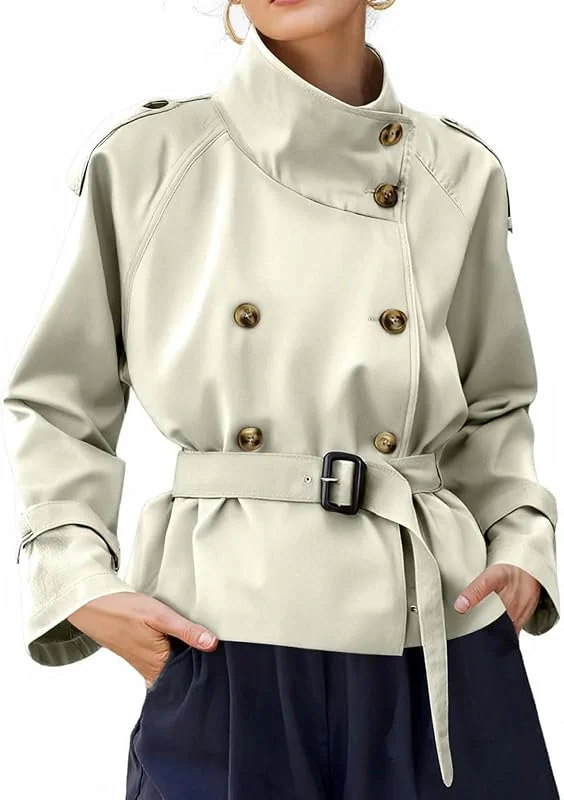 Ansenesna Übergangsjacke Damen Elegant Trenchcoat Kurz Mit Gürtel Wintermantel Ohne Kapuze Stehkragen Jacke Mantel Frauen Vintage Zweireihig Herbstjacke Kurzmantel Übergang Damen-Mäntel — Heizkleidung