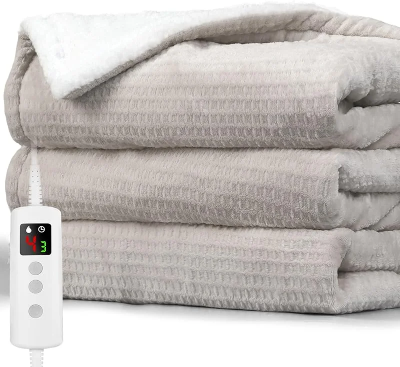 PROALLER Heizdecke 160x130CM, 10 Stufen & 1-9H Timer Auto-Aus, Maschinengängig, Weiches Flanell-Sherpa, Sofasitzkissen Bett Büro Verwendung, Heizdecke mit Abschaltautomatik，Beigegrau — Heizung Warmepumpe