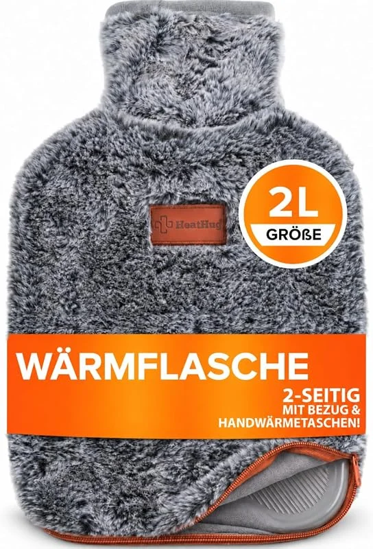 Wärmflasche mit Bezug (2 Liter) 2-seitige Wärmeflasche für Erwachsene mit weicher Tasche auslaufsicher Naturkautschuk Geschenk für Frauen – Schmerzlinderung bei Regelschmerzen und Magenkrämpfen — Heizung Warmepumpe