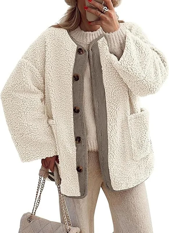 Ansenesna Teddyjacke Damen Winter Flauschig Winterjacke Warm Fleece Teddy Fleecejacke Teddyfleece Sherpa Jacke Winter Plüsch Wintermantel Frauen Knöpfe Damen-Jacken Ohne Kapuze Plüschjacke — Heizkleidung