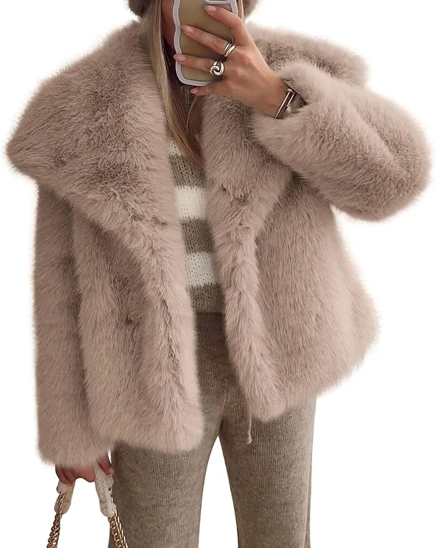 Ansenesna Winterjacke Damen Warm mit Fell Wintermantel Elegant Flauschig Felljacke Kurz Kunstfell Jacke Winter Ohne Kapuze Pelz Mantel Frauen Fellkragen Damen-Jacken Plüsch Kurzmantel Pelzmantel — Heizkleidung