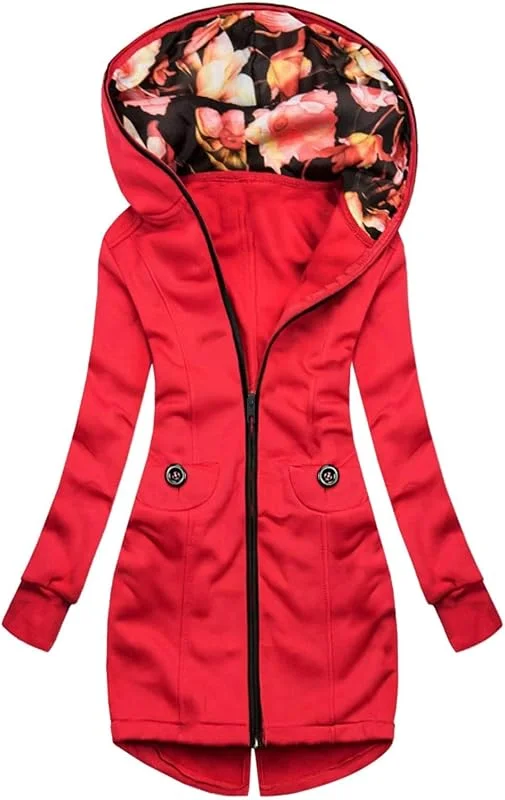 Blumenmantel Frauen Lange Jacke Druckarm-Sweatshirt-Reißverschluss TaschenDamenmantel Partnerpullovers Weihnachten Hoodie Damen Grosse Groessen 56 Kapuzenpullover Plus Size Sweatshirt — Heizkleidung
