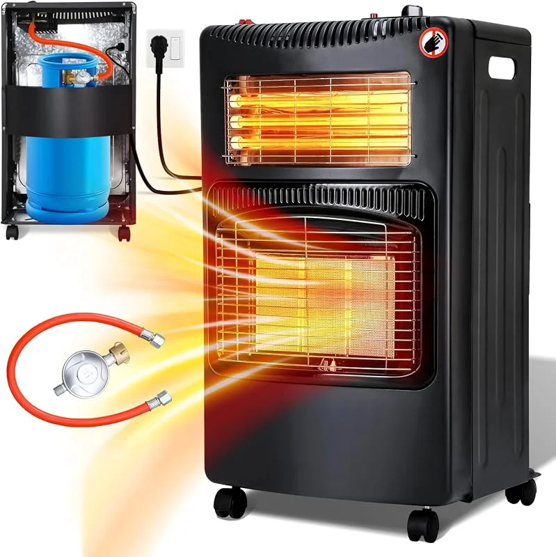 Eulenke Gasheizung für Innenräume, 4200w Keramik Gasheizer + 1260w Infrarot Heizstrahler inkl. Gasdruckregler & Gasschlauch, 3 Heizstufen Gasofen, Butan- oder Propangasflaschen bis 15kg — Heizung Warmepumpe