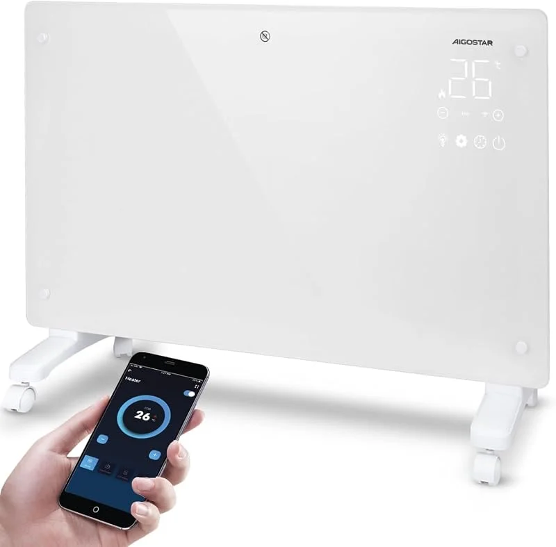 Aigostar Elektroheizung Glas Konvektor Heizung mit Fernbedienung für Räume ca. 30 m², Heizkörper mit Thermostat Energiesparend ECO Leise, 24 Timer, Standgerät, Wandmontage, APP WiFi, 2000W Schwarz — Heizung Warmepumpe