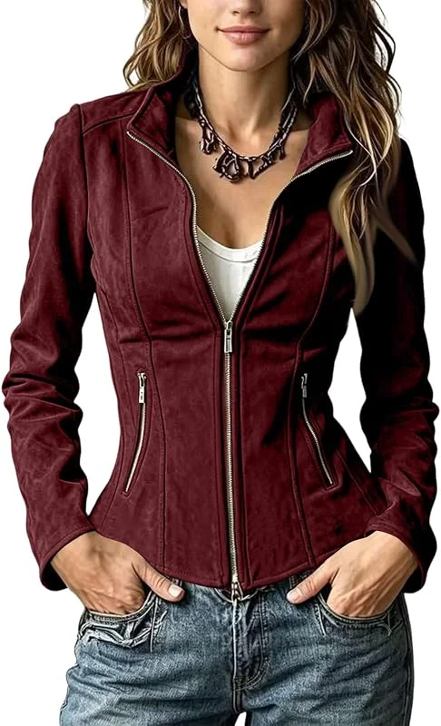 Übergangsjacke Damen Elegant Kurz Herbstjacke Damen Wildleder Jacke — Heizkleidung
