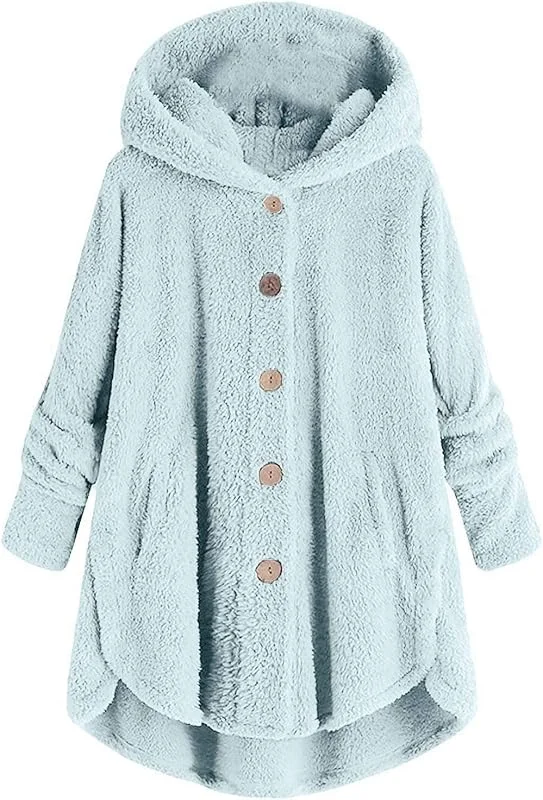 EMATOP Plüschjacke Damen Lässige Fleece Jacke Winter Warm Kapuzenjacke mit Kapuze Teddy Fleecejacke Flauschig Kuschelig Wintermantel Lang Einfarbig Fellmantel mit Taschen Mantel Kapuzenpullover — Heizkleidung