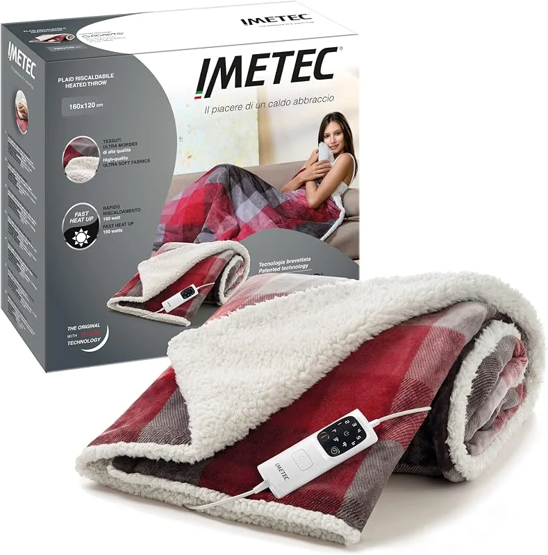 Imetec Adapto Velvet Tartan Heizdecke, 160x120 cm Wärmedecke, aus weichem Gewebe, geringer Verbrauch, Adapto-Technologie, sicher, schnelles Aufheizen, 6 Temperaturen, waschbar — Heizung Warmepumpe