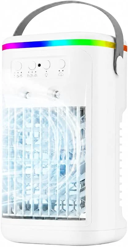 Mini Klimaanlage, 4 in 1 Luftkühler ohne Abluftschlauch, 1000ML Mobiles Klimagerät mit Wasserkühlung, 3 Geschwindigkeiten & 2 Nebelmodi, 7 Farben LED, Leiser Luftkühler für Zimmer Büro Schlafzimmer — Luftbefeuchter