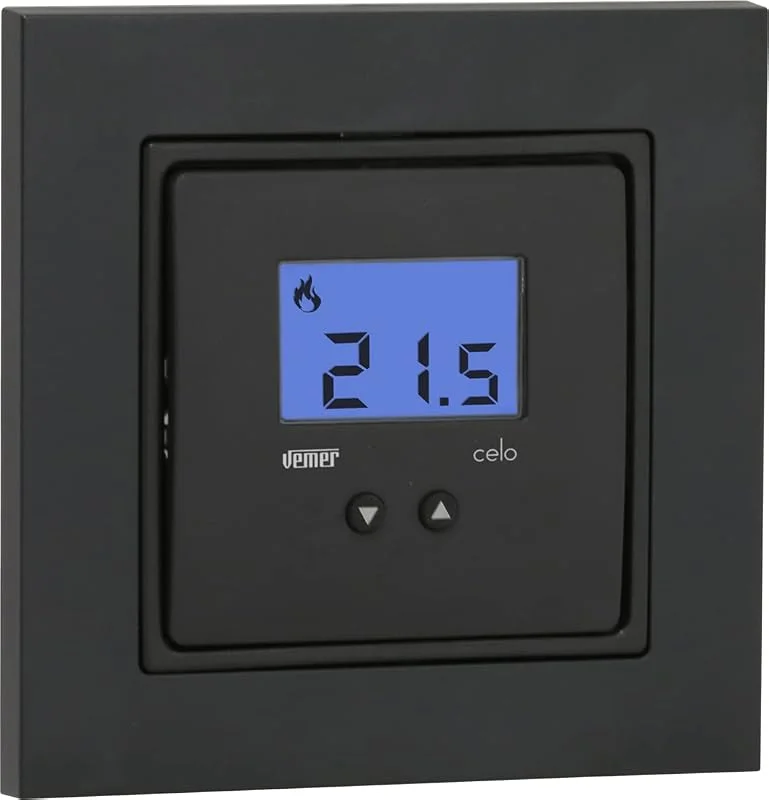 VEMER VE780301 CELO LCD INT – Digitales Raumthermostat & Heizungsthermostat 230V für Heizkörper, Fußbodenheizung & Kühlung, Unterputzmontage, LCD Display mit 2 Tasten, Weiß, Anthrazit — Heizung Warmepumpe